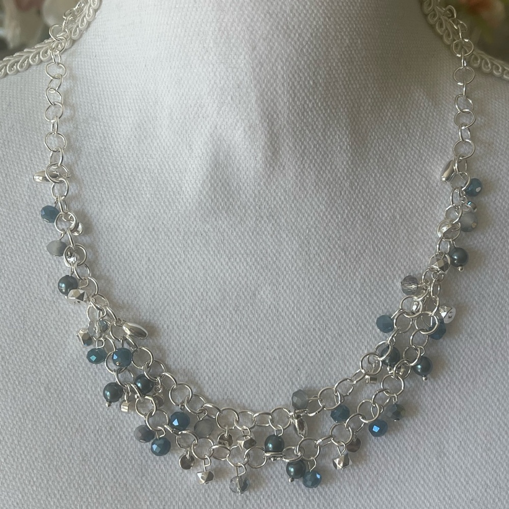 NEW STYLE & CO WOMENS BEADED LINK TOWER STATEMENT Necklace BLUE/SILVER